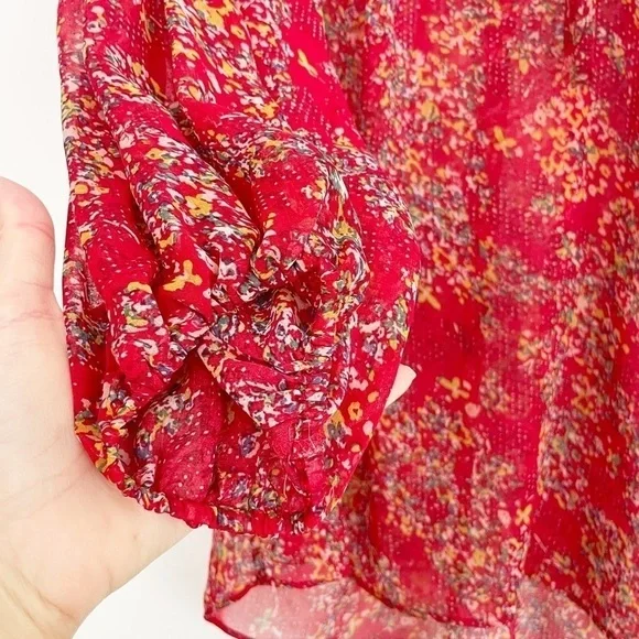 Anthropologie Pins & Needles Boho Red Floral Semi Sheer Long Sleeve Casual Top S - Picture 7 of 15